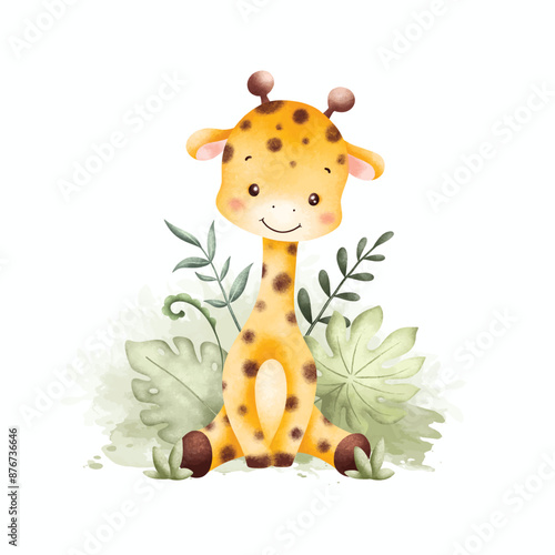 Watercolor Illustration Cute Baby Giraffe and Tropical Leaves