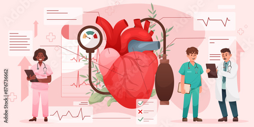 Heart health. Medical check by doctor. Hospital treatment. Cardiac disease. Research of patient organs. Cardiogram pulse. Medicine diagnostic. Cardiologists pulsimeter. Vector concept