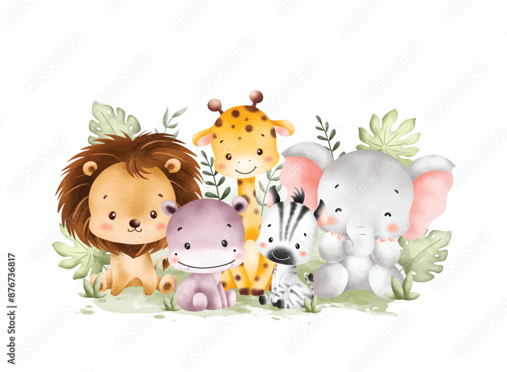 Obraz premium Watercolor Illustration Cute Baby Safari Animals and Tropical Leaves
