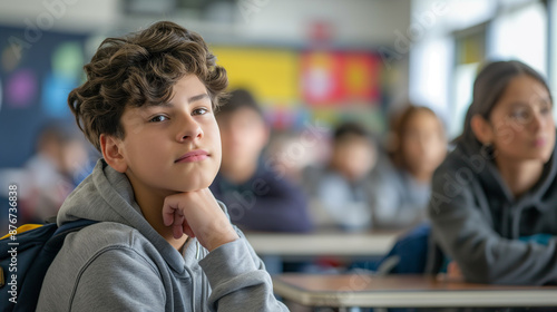Boy seated in classroom with backpack