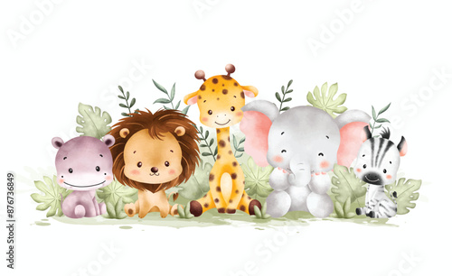 Watercolor Illustration Cute Baby Safari Animals and Tropical Leaves