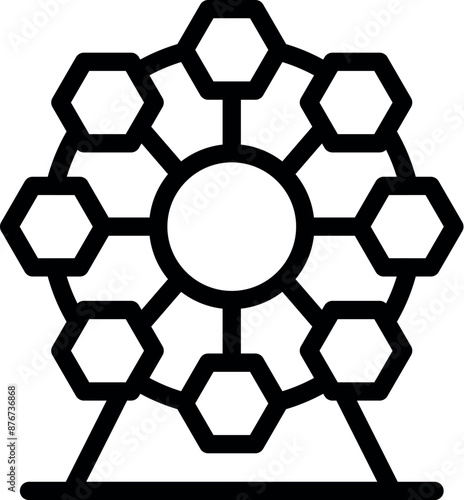 Line art icon of a ferris wheel with hexagonal cabins, entertainment for children and adults
