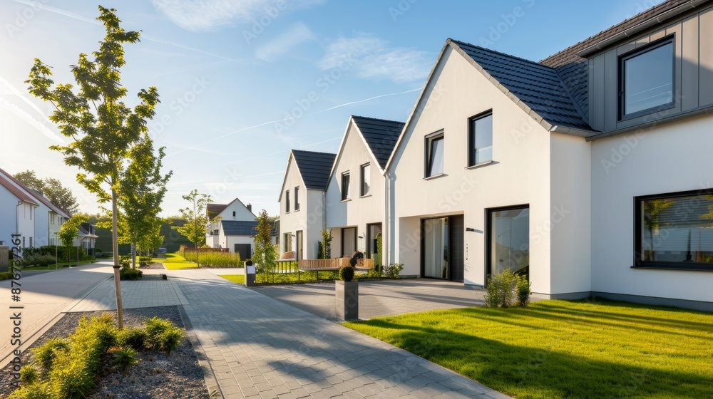 Modern home offering refuge in a peaceful neighborhood, children playing outside, neighbors interacting, sense of safety and belonging Modern home offering refuge in a peaceful neighborhood, children playing outside, neighbors interacting, sense of safety and belonging