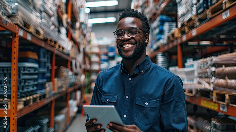 smiling and laughing salesman in a hardware warehouse standing checking supplies on his tablet smiling and laughing salesman in a hardware warehouse standing checking supplies on his tablet