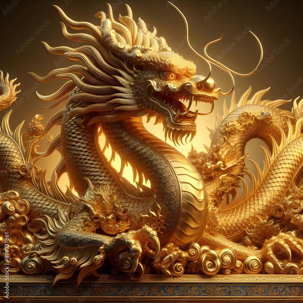 Obraz premium Majestic Golden chinese dragon sit on gold and money like a Rich king