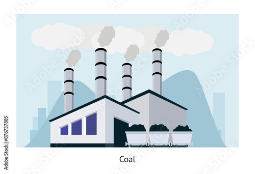Energy power plant. Industrial building with smoking chimneys. Minimal style drawing. Factory and manufacture. Electricity station. Harmful emission. Vector cartoon flat isolated illustration