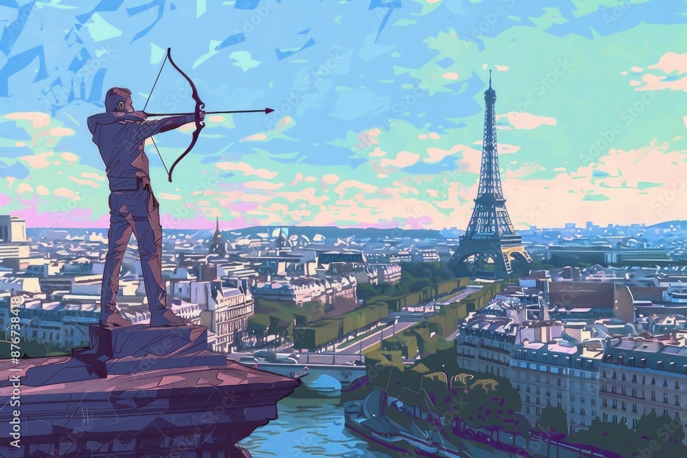 Fototapeta premium Archer Aiming High in Paris background