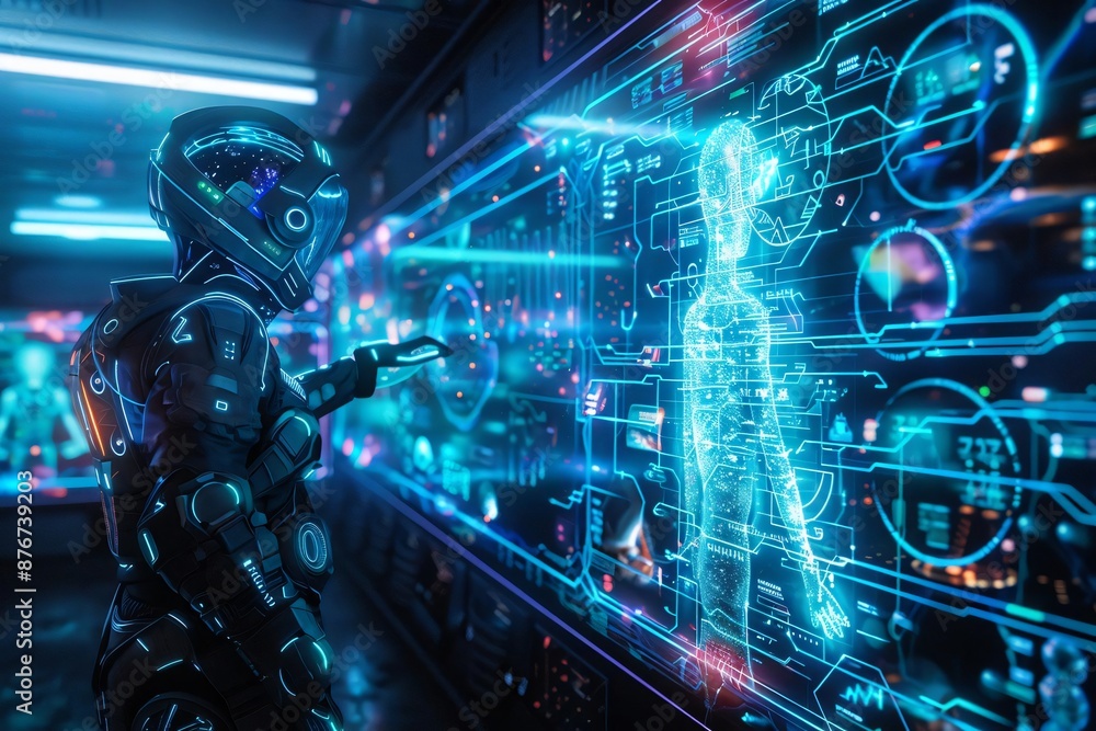 Futuristic scene of a humanoid robot interacting with a holographic interface, showcasing advanced technology and artificial intelligence.