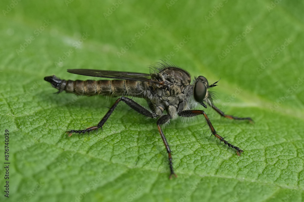Closeup on a European Male Kite-tailed Robberfly, Tolmerus atricapillus on a green leaf Closeup on a European Male Kite-tailed Robberfly, Tolmerus atricapillus on a green leaf