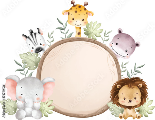 Watercolor Illustration Wooden Board and Baby Safari Animals