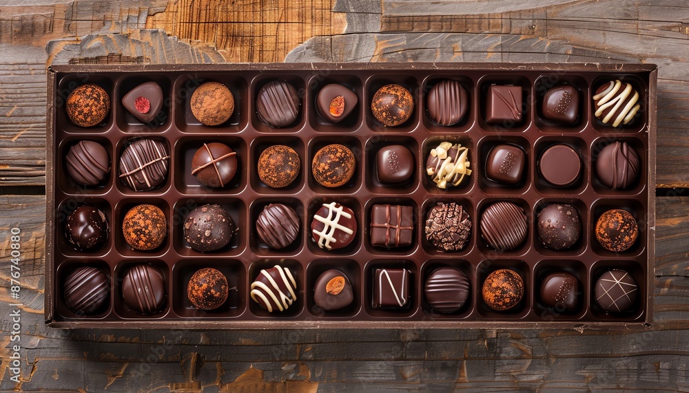 A variety of delicious chocolates are arranged in a box. The chocolates are of different shapes and sizes and are decorated with different toppings. A variety of delicious chocolates are arranged in a box. The chocolates are of different shapes and sizes and are decorated with different toppings.