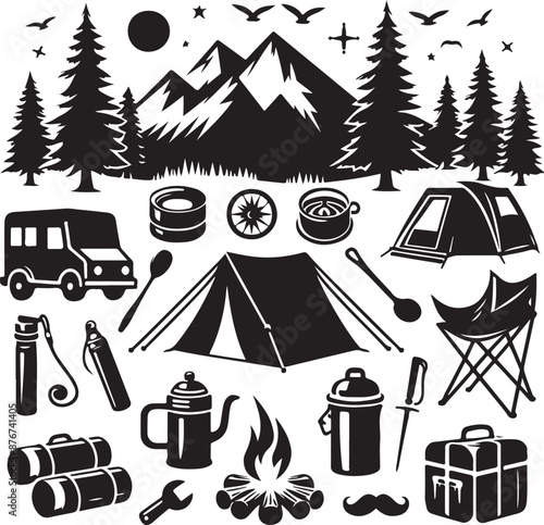 Hand Drawn Minimalist Camping Linocut Silhouette Elegant Black and White Icon Sleek Monochromia Vector