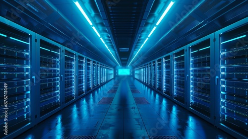 A long, blue-lit hallway with rows of server racks on either side. © มุกโกะ นะนะ Channel