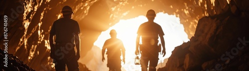 Silhouette of three miners with helmets walking through an underground cave, illuminated by light from the entrance.