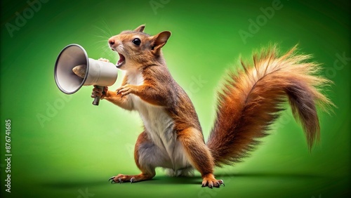 A Squirrel Holding A Megaphone And Speaking Into It. The Squirrel Is Standing On Its Hind Legs And Has Its Tail Fluffed Out. photo