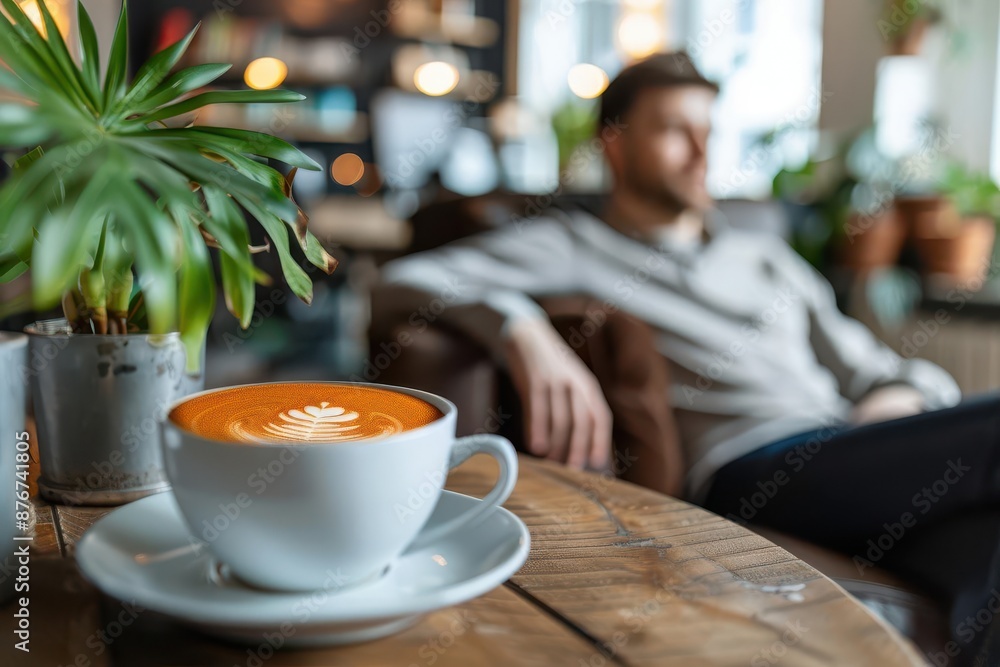 Employee relaxing in a cozy office lounge with coffee, drinking coffee workplace, stress relief Employee relaxing in a cozy office lounge with coffee, drinking coffee workplace, stress relief