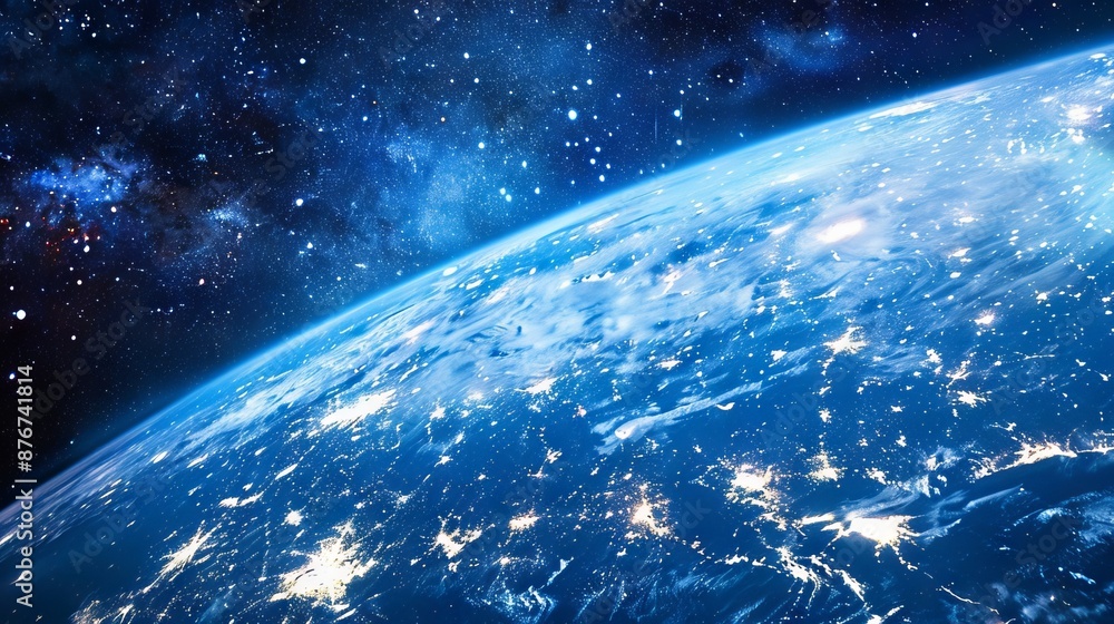 Obraz premium Background of earth from space with a blue sky and stars. 