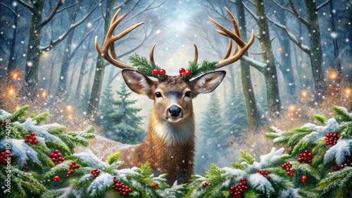 A Beautiful Deer With A Wreath Of Holly And Berries On Its Antlers Stands In A Snowy Forest. photo