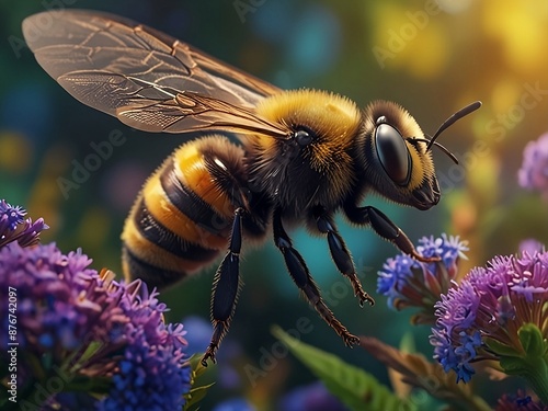 A mesmerizing beauty of golden bee collecting honey from fresh flowers,World bee day concept. photo