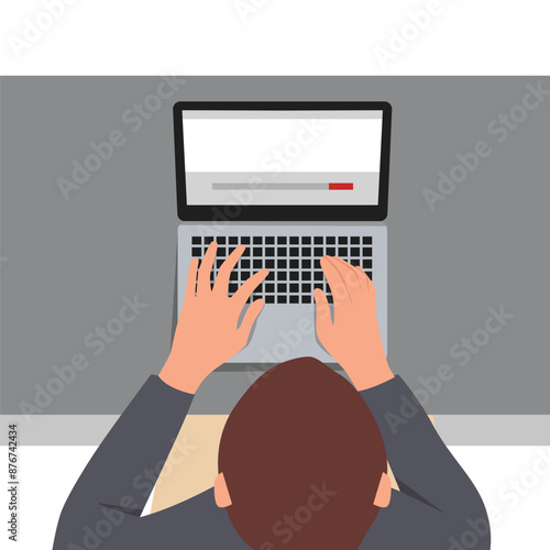 Man working with laptop, top view. Flat vector illustration isolated on white background