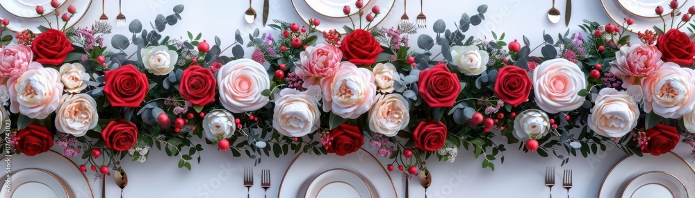 Naklejka premium Dinner table centerpiece, festive flowers flat design, top view, party theme, 3D render, triadic color scheme