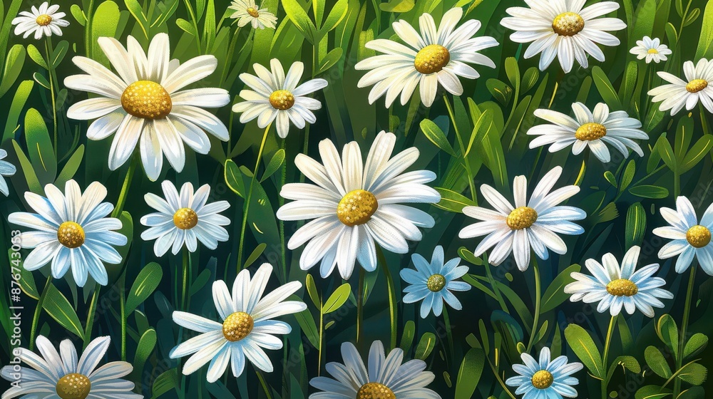 Natural field of daisies, flat design, top view, wildflower meadow theme, cartoon drawing, colored pastel Natural field of daisies, flat design, top view, wildflower meadow theme, cartoon drawing, colored pastel