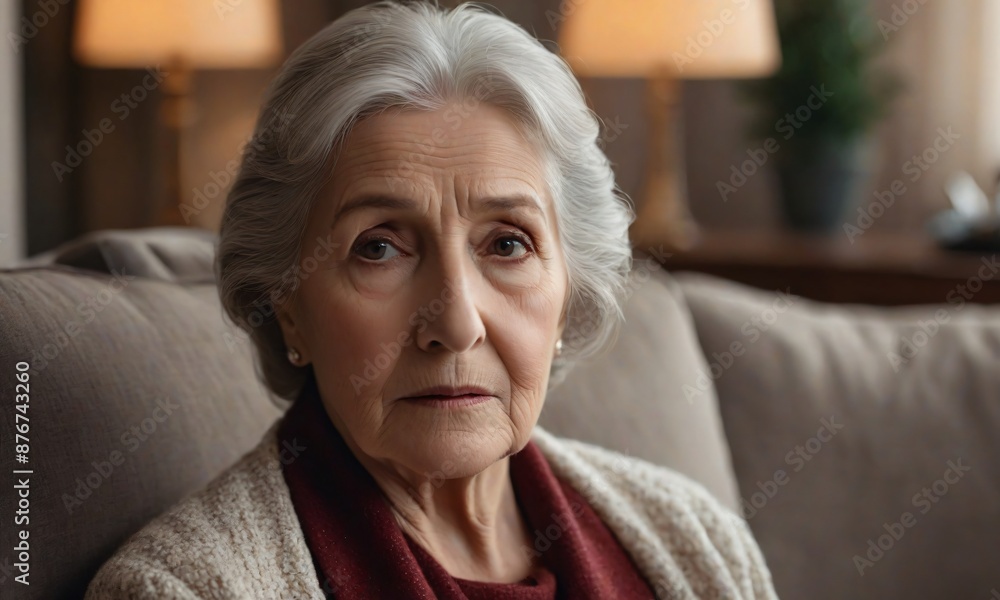 Elderly woman sad and worried on sofa in warm lighting room, elderly solitude concept Elderly woman sad and worried on sofa in warm lighting room, elderly solitude concept