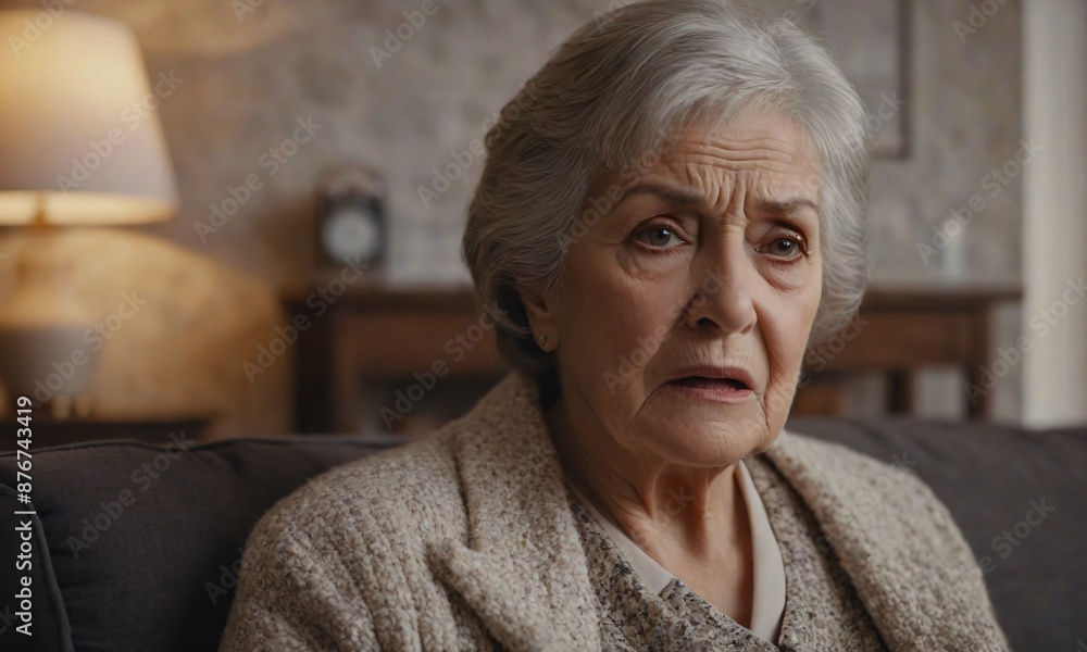 Elderly woman angry, sitting alone on sofa, feel sorrow at home, Retirement concept Elderly woman angry, sitting alone on sofa, feel sorrow at home, Retirement concept