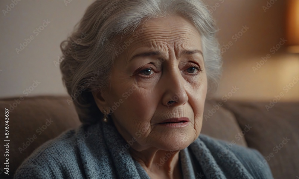 Elderly woman crying on sofa, feel lonely or sad at home Elderly woman crying on sofa, feel lonely or sad at home