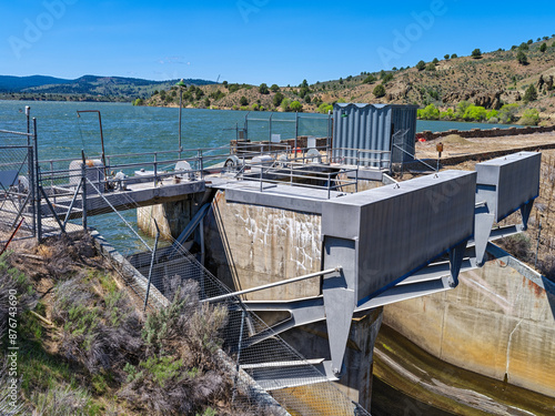 The gate and spillway of the Unity Dam on the Burnt River near Hereford, Oregon, USA photo