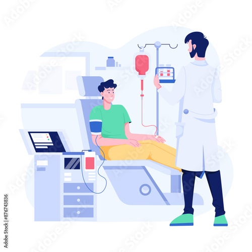 Doctor checking patient’s iv infusion report, flat illustration 