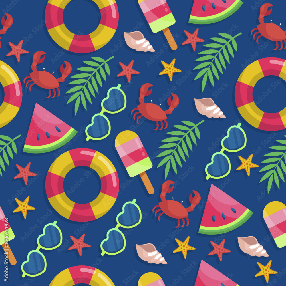 Attributes of summer and beach holiday. Seamless stylish pattern on a summer theme. Watermelon, ice cream, sunglasses, crab. Attributes of summer and beach holiday. Seamless stylish pattern on a summer theme. Watermelon, ice cream, sunglasses, crab.