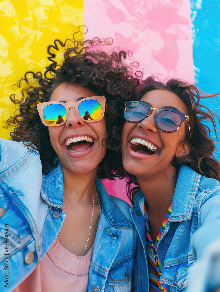 Joyful Self-Portraits: Friends in Denim, One with Curly Locks and the Other in Shades, Captured in a Playful Pink, Yellow, Blue, Green Background, Instagram Story Chic Joyful Self-Portraits: Friends in Denim, One with Curly Locks and the Other in Shades, Captured in a Playful Pink, Yellow, Blue, Green Background, Instagram Story Chic