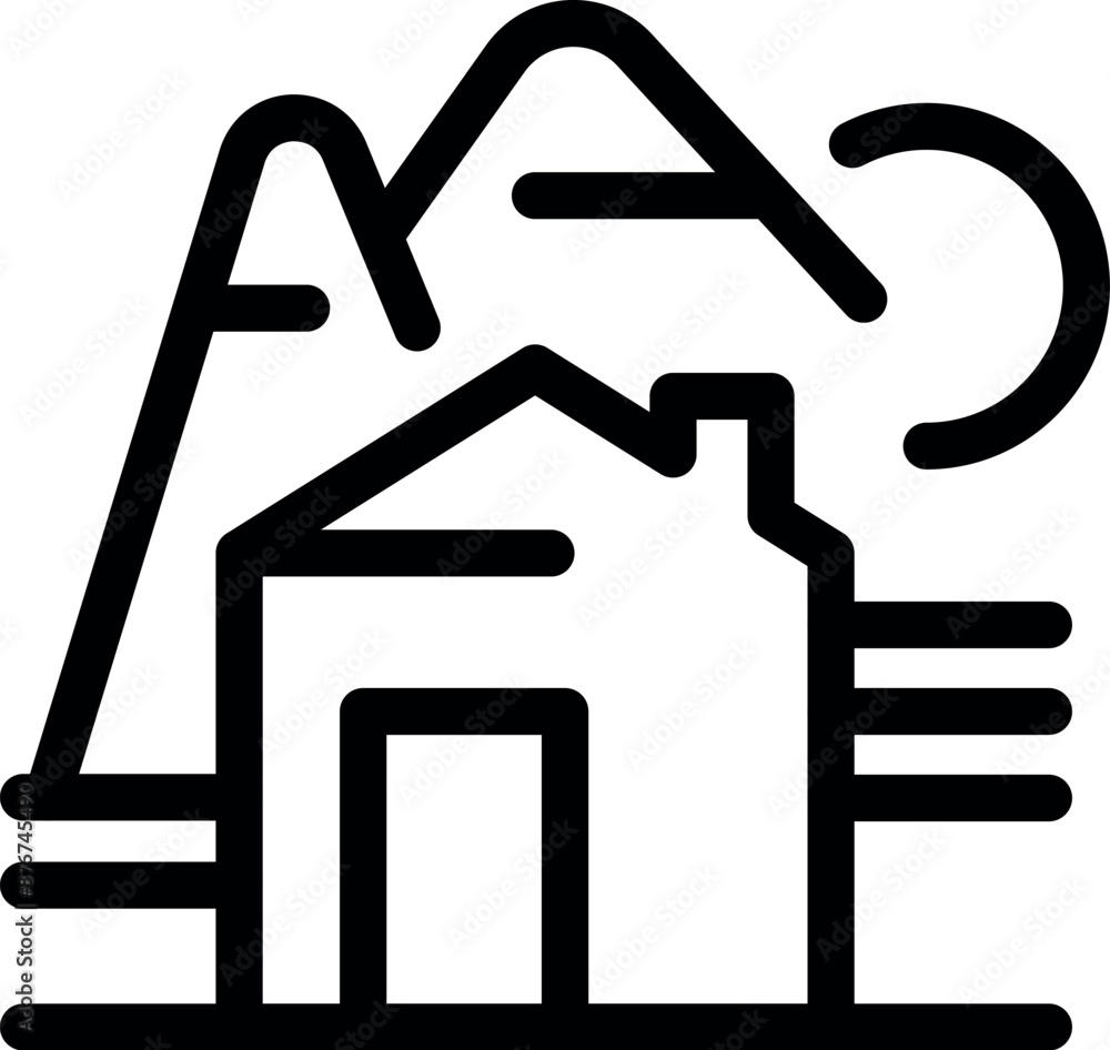 Black and white line art illustration of a small house standing in front of mountains under the moon