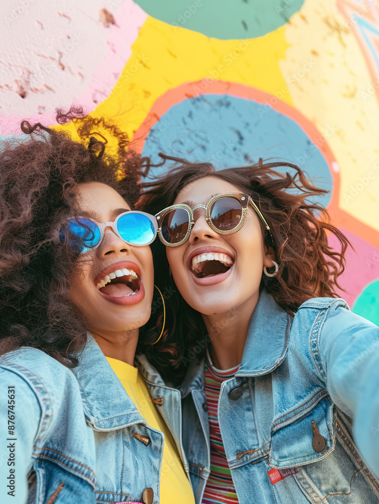 Bright Smiles, Bright Colors: Two Friends Making Faces, Curly Hair and Sunglasses, Denim Jackets, Pastel Background, Perfect for Instagram Story Highlight Bright Smiles, Bright Colors: Two Friends Making Faces, Curly Hair and Sunglasses, Denim Jackets, Pastel Background, Perfect for Instagram Story Highlight