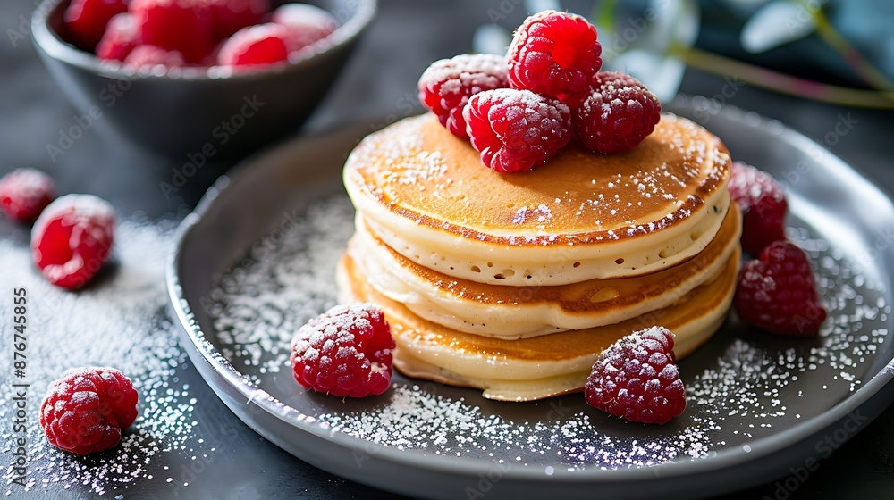 Japanese fluffy pancakes with raspberries in a gray plate gray background Japanese fluffy pancakes with raspberries in a gray plate gray background
