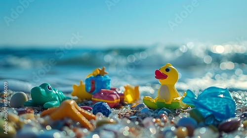 Kids toys on blue ocean background