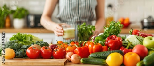 A person preparing fresh vegetables in the kitchen, surrounded by a colorful variety of healthy produce: tomatoes, peppers, cucumbers, and greens.