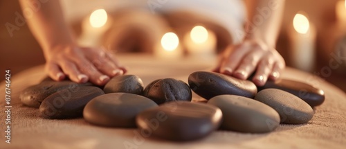 Hands preparing hot stones for a relaxing massage in a spa setting with lit candles in the background.
