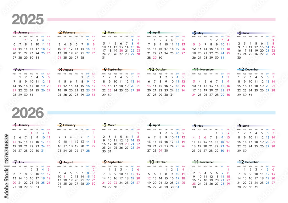 2025年の年間カレンダー月曜始まり
