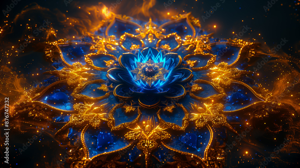 A glowing golden lotus flower with intricate details against a dark background, radiating light and energy A glowing golden lotus flower with intricate details against a dark background, radiating light and energy