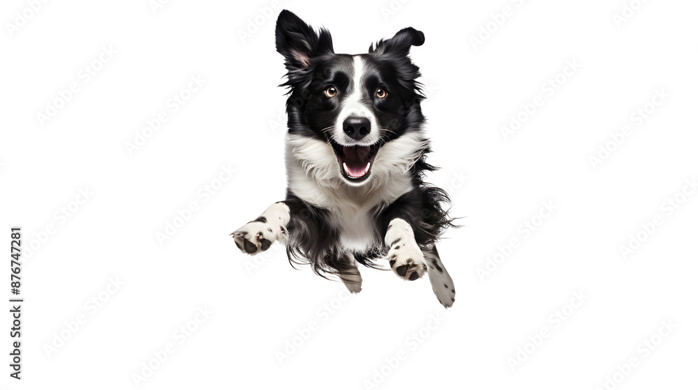 Fototapeta premium Border collie breed dog with open mouth jumping, dynamic happy shot