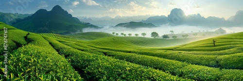 Green tea plantation at sunrise time.nature background.