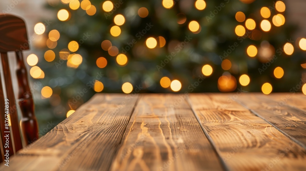 Rustic wood dining table with festive Christmas tree backdrop, ideal for holiday meal memories. Rustic wood dining table with festive Christmas tree backdrop, ideal for holiday meal memories.