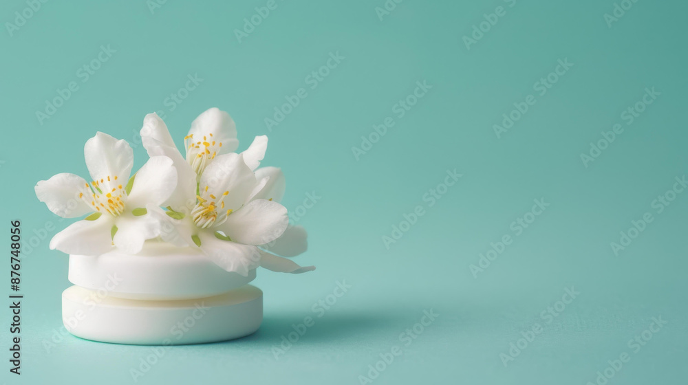 Elegant podium display with white jasmine flowers on a light green background. Perfect for showcasing skincare products and natural cosmetics. Elegant podium display with white jasmine flowers on a light green background. Perfect for showcasing skincare products and natural cosmetics.