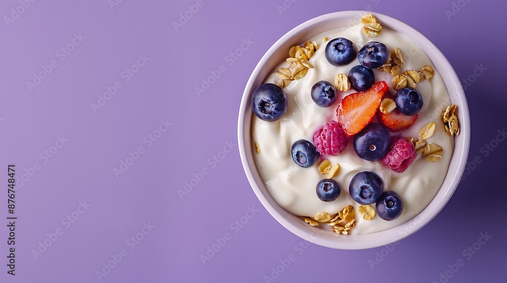 overhead view of a white bowl filled wit yogurt blueberries and cereal shot on purple background overhead view of a white bowl filled wit yogurt blueberries and cereal shot on purple background