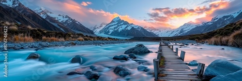 Amazing Sunset at a River Overlooking Mountains photo