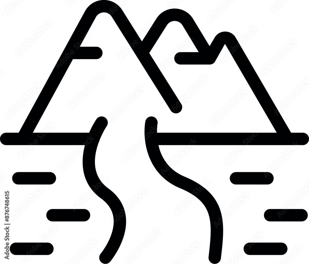 Simple minimalist black and white line art icon of a river flowing between mountains Simple minimalist black and white line art icon of a river flowing between mountains