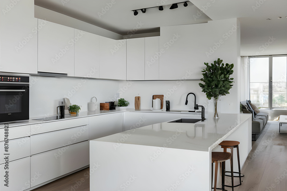 Open plan kitchen with modern appliances and clean countertop with white cabinets in contemporary apartment Open plan kitchen with modern appliances and clean countertop with white cabinets in contemporary apartment