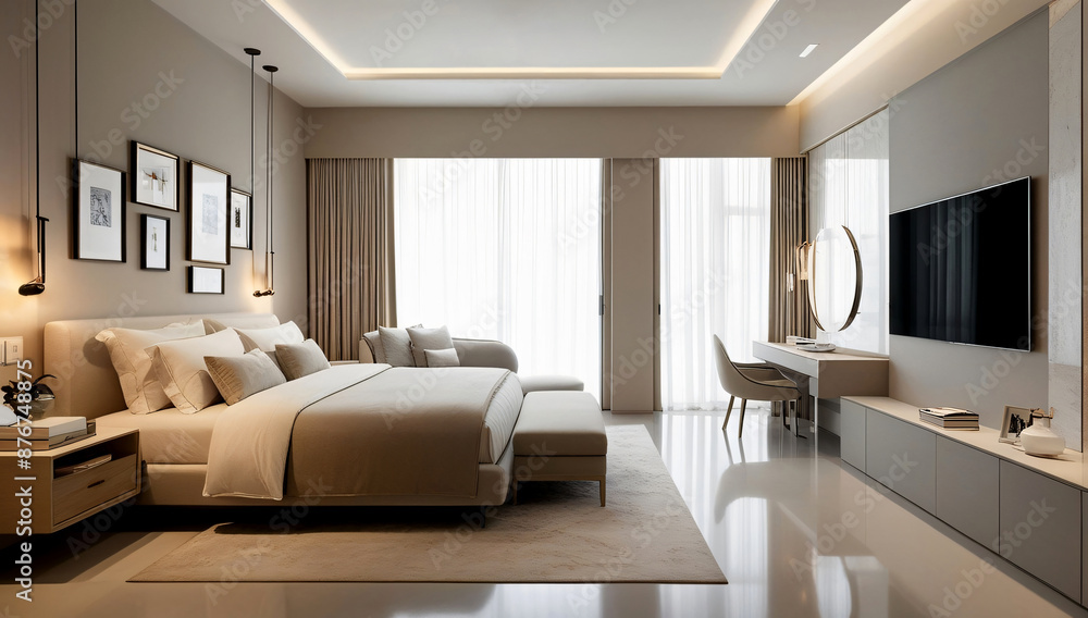 Fototapeta premium Main bedroom model in beige, cream, minimalist style.